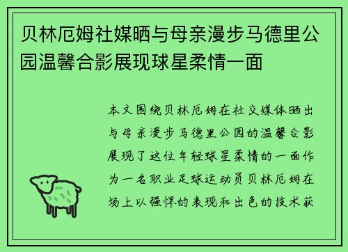 贝林厄姆社媒晒与母亲漫步马德里公园温馨合影展现球星柔情一面 贝林厄姆社媒晒与母亲漫步马德里公园温馨合影展现球星柔情一面